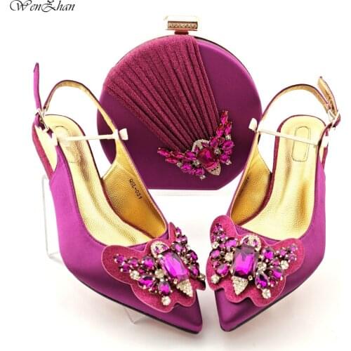 Attractive High Quality Shoes With Match Bags Magenta Color Decorate With Rhinestone PU Leather Sandals For Wedding Party B13-20