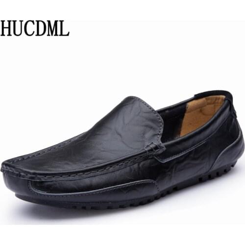 HUCDML Leather Casual Shoes Mens Loafers Black Driving Moccasin Men Shoes Light and Soft Big Size 38-48