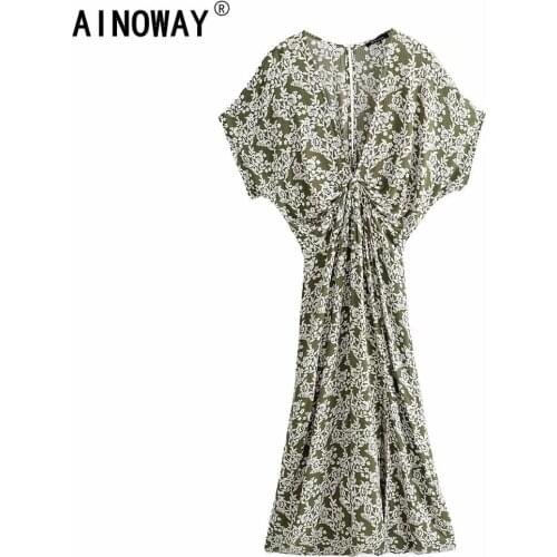 Vintage chic women floral print bat sleeve beach Bohemian dresses Kimono Ladies V neck sashes Boho maxi dress vestidos