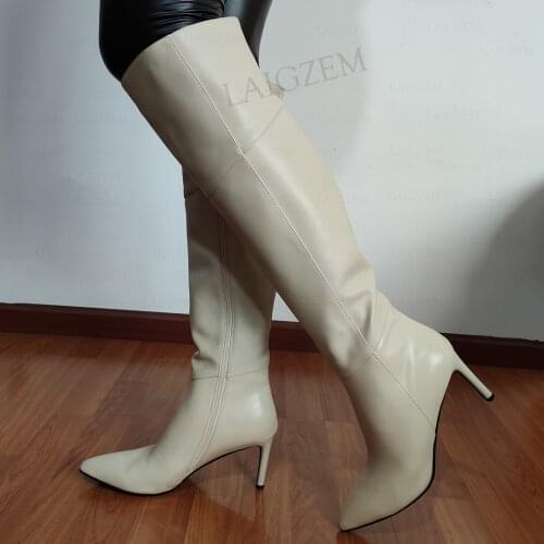 LAIGZEM SUPER Women Knee High Boots Real Leather 8CM Thick Heels Tall Boots Side Up Beige Ladies Shoes Woman Large Size 33 41 42
