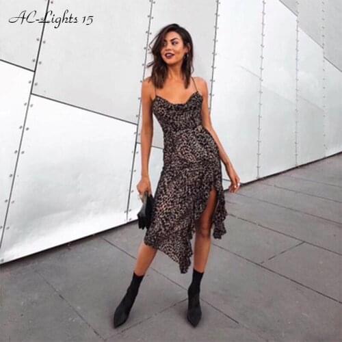 Leopard Print Sexy Dress Women Summer 2020 Spaghetti Strap Backless Side Split Irregular Dresses Sexy ClubWear Vestidos