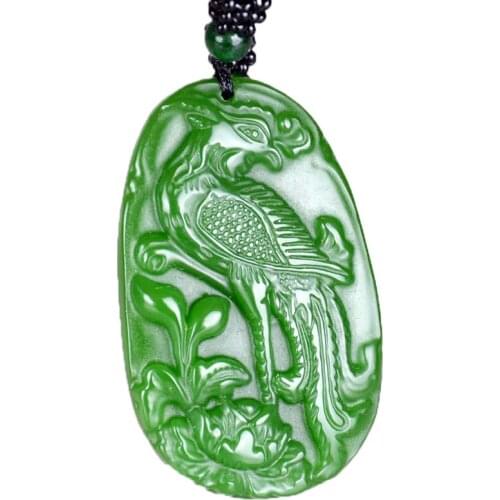 Women Necklace Pendant Green Jades Carved Phoenix Peony Pendant Free Chain for Female Fashion Jewelry