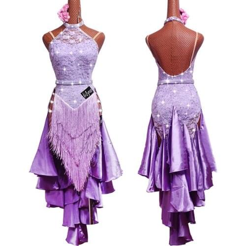 New Latin Dance Dress Women Rhinestone Dress Purple Lace Fringe Dress Salsa Tango Dress Female Competition Latin Dress BL1990