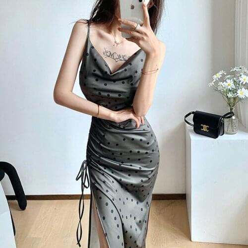 High Quality Sexy Backless Spaghetti Strap Dresses Summer Dot Prin Chic Elegant Split Dress For Women 2021 Robe Femme