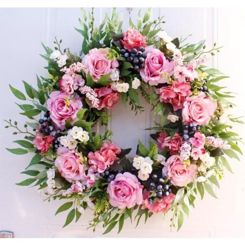 22inch Rose Pink Flowers Wreath for Home Farmhouse Door Decorations Garland Wedding Christmas Home Party Wall Window Wreath