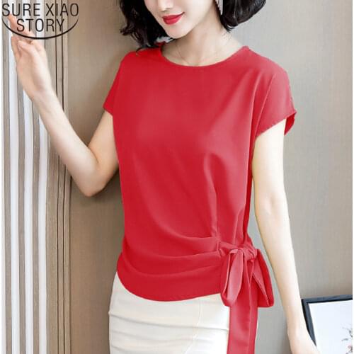 Summer Silk Short Sleeve Womens Tops and Blouses 2021 Blusas Mujer De Moda Office Lady Plus Size Solid Loose Lace Up Shirts 9899