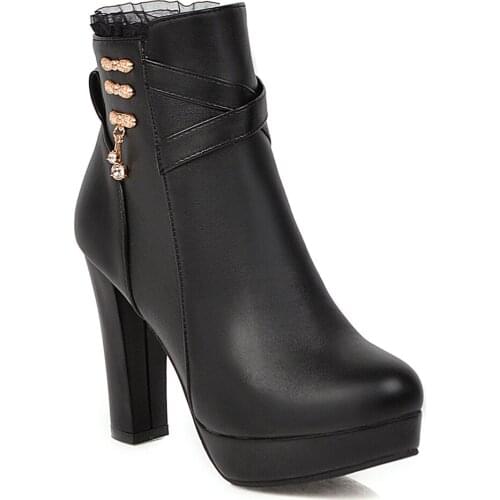 Pink Thick-Heeled Lace Ankle Boots, Pearl Metal Decoration Super High-Heeled Autumn Winter Womens Boots Cross-Strap Warm Shoes