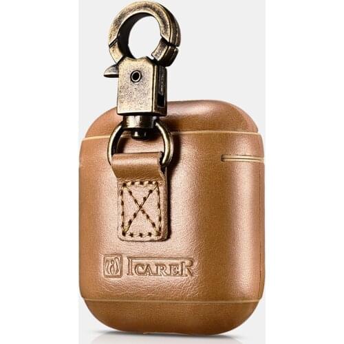 ICARER Real Leather Case With Metal Hook Case Bag For Apple AirPods Case Retro Genuine Leather Protective Case Cover For AirPods