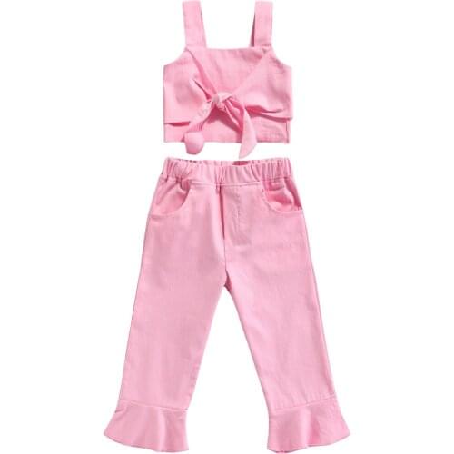 Kids Suit Set, Summer Solid Color Sleeveless Off Shoulder Pullover+ Flared Trousers, Pink, 1-6 Years