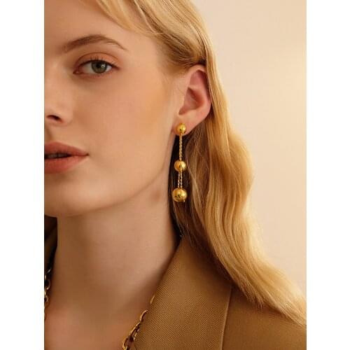 Women Jewelry Brass With 18K Gold Tripe Ball Chain Tassel Drop Earrings Punk Party Gown Runway Rare South Korean Japan Boho