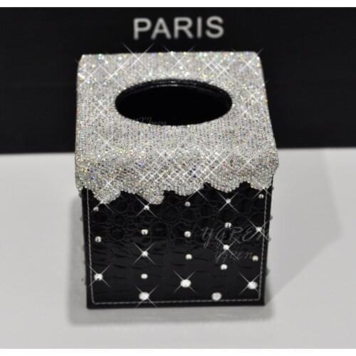 Home/ Office/ Car Tissue Box Holder Decorated with Rhinestone/ Black Color Square Size