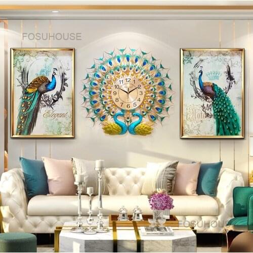 Living room background wall decoration wall clock Chinese style creative peacock clock deer head wall painting wall hanging