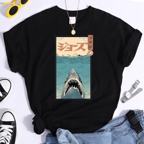 Ferocious Shark T Shirt Women Ukiyoe Style Printed Clothing Woman Harajuku Casual Streetwear Short Sleeve Loose Tee Tops