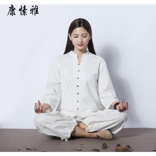 Spring summer Women Yoga Set Cotton Linen Loose Yoga Shirt Wide Leg Yoga Pant Meditataion Uniform Tai Chi Martial Arts Yoga Suit