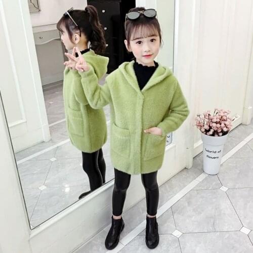 Girls Jacket Spring Autumn Clothes Mid-length Knitted Coat Soft Velvet Imitation Mink Velvet Cardigan Winter Kids Outerwear