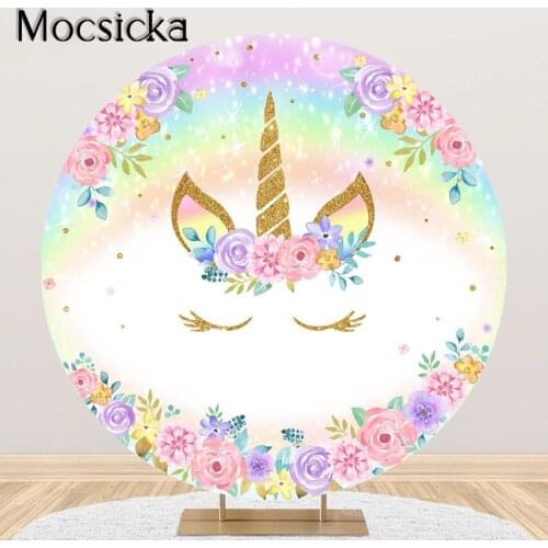 Mocsicka Unicorn Theme Party Backdrop for Birthday Baby Shower Rainbow Unicorn Party Decoration Round Circle Cover Fabric Banner