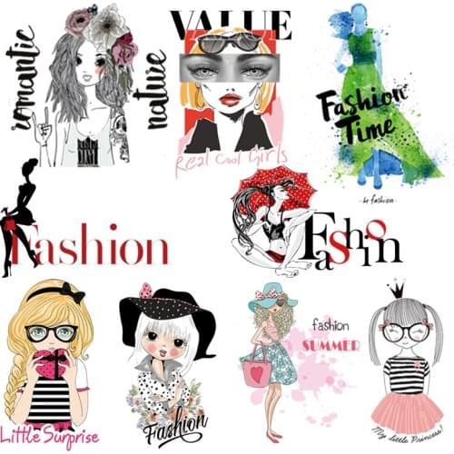 Nicediy Cartoon Fashion Girl Patches For Clothes Iron On Patches On Clothing Applique For Clothes Stripes Badge Decor Washable