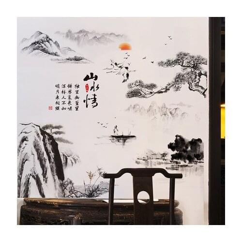 Chinese Style Wall Stickers Company Office Wallpaper Landscape Painting Sofa Background Wall Decals Living Room Decoration Mural