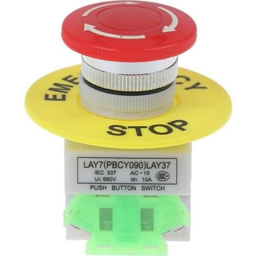 AC 660V 10A Switch Red Mushroom Cap 1NO 1NC DPST Emergency Stop Push Button Switch Equipment Lift Elevator Latching Self Lock