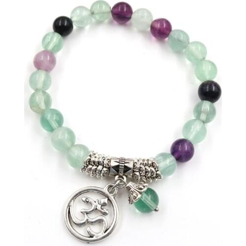 Silver Plated 3D Symbol Handmade Weave Fluorite Stone Elastic Bracelet Rose Pink Quartz Jewelry