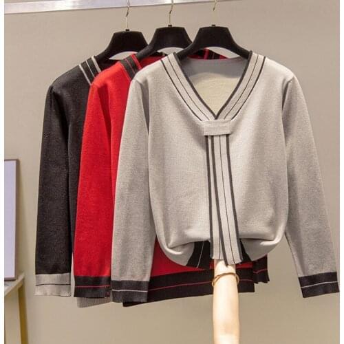 Nkandby Plus Size V-neck Pullover Sweater 2021 Autumn Casual Loose Spliced Knitted Jumpers Female Tops Oversized Clothing