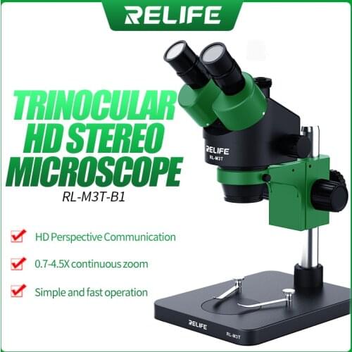 RELIFE RL-M3T-B1 Trinocular Stereo Microscope 7X-45X Zoom Matched With HDMI Camera LED Light for Mobile Repair Microscope