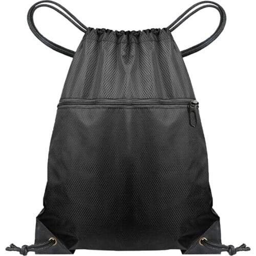 Drawstring Backpack Sports Gym Bag For Women Men Children Large Size With Zipper Bottle Mesh Pockets Black