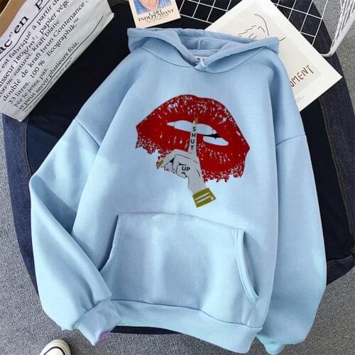 Hoodie Ladies Sexy Lips Printed Oversized Ulzzang Sweatshirt Women Drawstring Pocket Tops Cartoon Casual Harajuku Long Sleeve