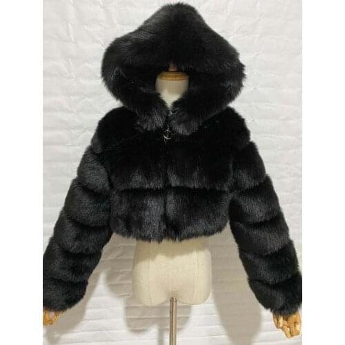 High Quality Furry Cropped Faux Fur Coats and Jackets Women Fluffy Top Coat with Hooded Winter Fur Jacket manteau femme