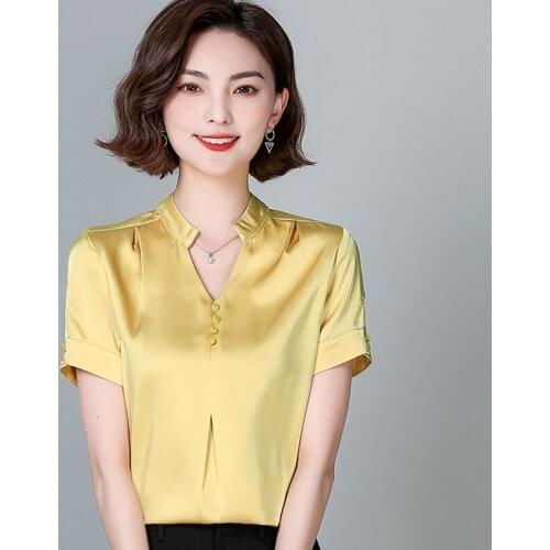 Summer women satin silk shirt blouse elegant office ladies work shirt fashion diamond buttons V-neck chiffon shirt business tops