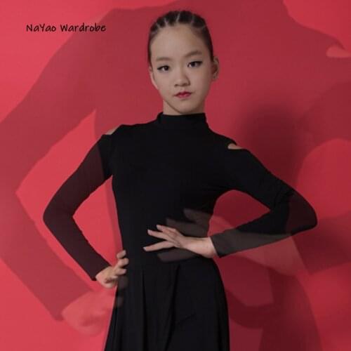 2021 New G1069 Long Sleeve Kids Latin Dance T shirt Shoulder Hole Girl Latin Dancing Clothes Belly Ballroom Tango Dresses