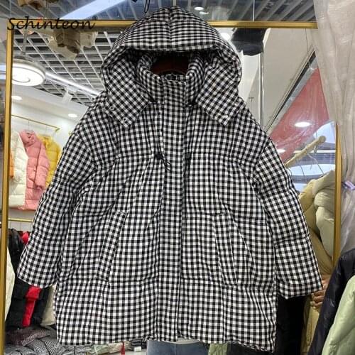Schinteon Women White Duck Down Plaid Jacket Drawstring Loose Over Size Coat with Hood Warm Autumn Winter Outwear New 2021