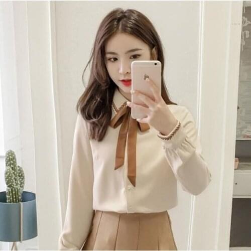 Womens Tops and Blouses Women Long Sleeve Shirts Fashion Female Bow Turn Down Collar Office Blouse Women Solid Shirt Top Q597