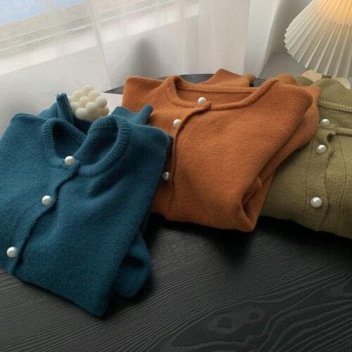 2021 women fashion Pearl button round neck knit sweater cardigan my210809