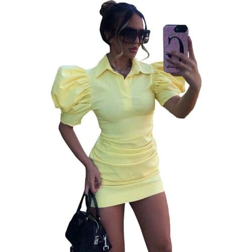 2021 Summer Short Puff Sleeve Bodycon Dress Women Ruched Lapel Collar Elegant Sexy Y2K Party Mini Casual Dresses