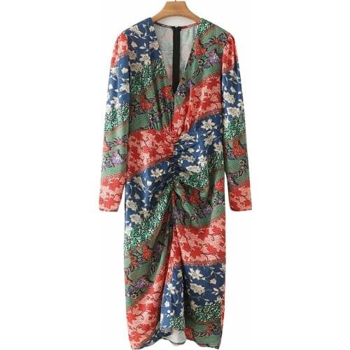 YENKYE Women Vintage Patchwork Floral Print Draped Dress Female Long Sleeve V Neck Pencil Sexy Ladies Dress Vestido