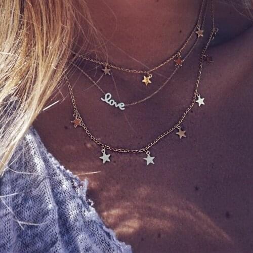 3 Pcs/Set Bohemian Fashion Charm Love Letters Stars Pendant Multilayer Gold Necklace Women Exquisite Jewelry Accessories Gifts