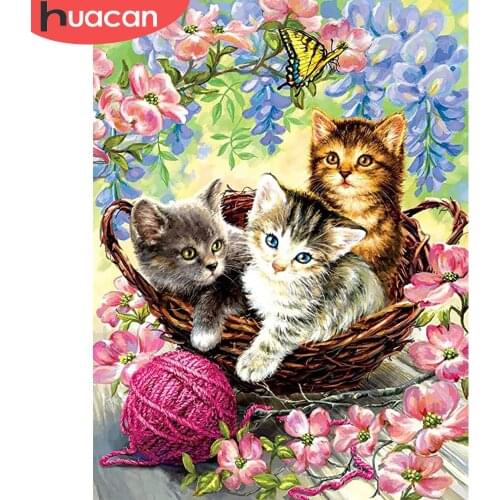 HUACAN DIY Diamond Mosaic Animal Cat Diamond Painting Flower Full Embroidery Kits Rhinestones Picture Wall Decor