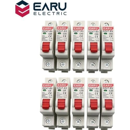 1P AC MCB DZ47-63 C Type 230/400V~ 50HZ/60HZ Mini Circuit Breaker 3A 6A 10A 16A 20A 25A 32A 40A 50A 63A Mounting 35mm Din Rail