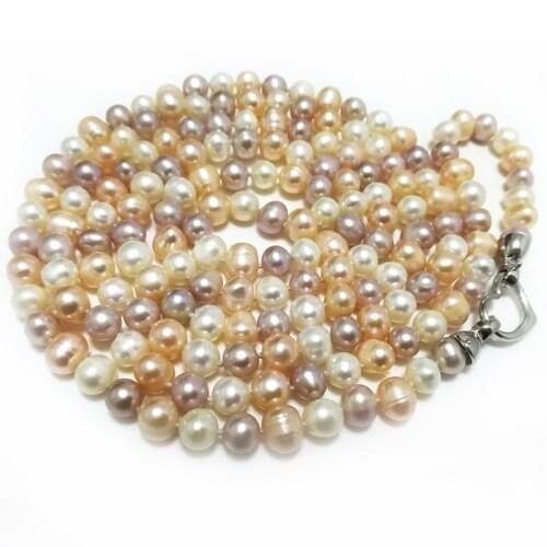 48 inches 7-8 mm Long Chain Natural Multicolor Round Freshwater Pearl Necklace with Heart Shaped 925 Sterling Silver Clasp