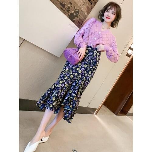 V Collar cardigan+Retro floral split fishtail skirt suit 2021 Spring new High Quality Top Quality
