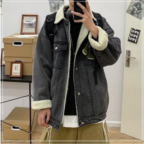 Korean Fashion Vintage Hip Hop Jackets Coats Men Streetwear Wool Winter Jeans Jacket 2021 Mens Button Denim Parkas Male