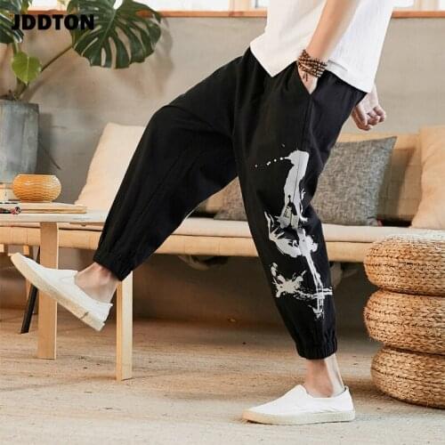 JDDTON Mens Cotton And Linen Harem Pants Chinese Style Print Harajuku Casual Loose Male Streetwear Man Beam Foot Trousers JE154