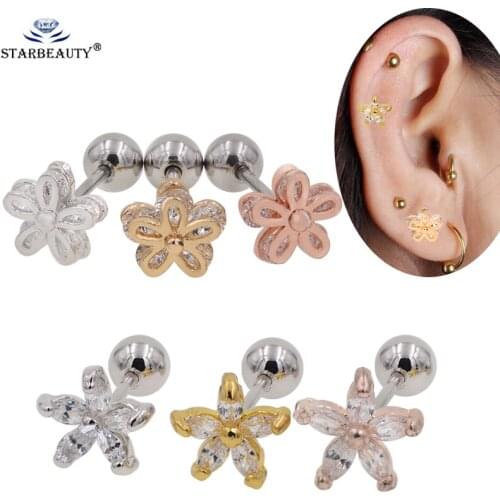 New 1Pc New Flower Star Dangle Tragus Earring Conch Stud Helix Cartilage Earring CZ Ear Piercing Jewelry