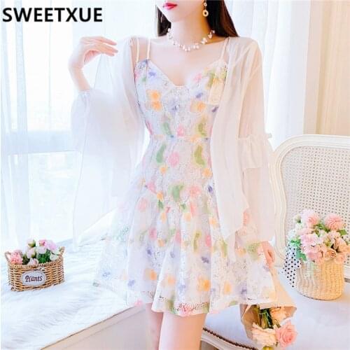 SWEETXUE 2021 Summer New Sweet Floral Sling Dress + Two-Piece Sun Protection Shirt Womens Fashion Casual Holiday Female