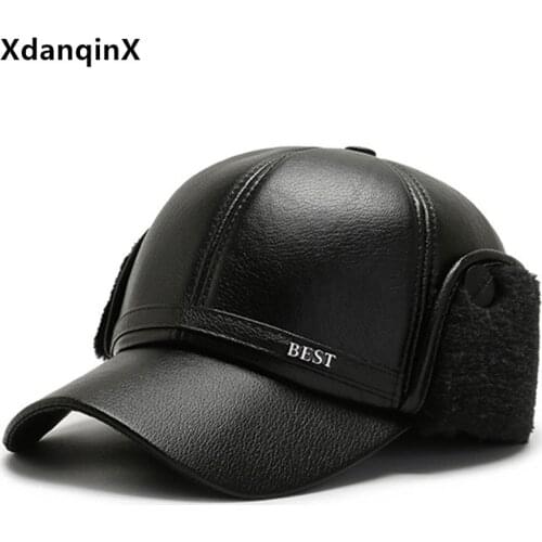 New Winter Mens Earmuffs Hat PU Thick Warm Baseball Caps Snapback Cap Middle-aged Elderly Dads Winter Hats Casual Sports Cap