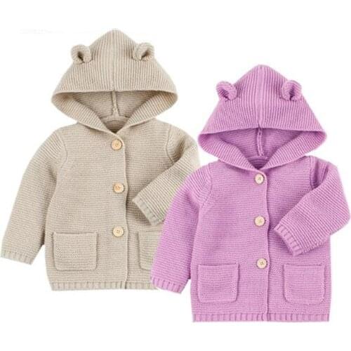Toddler Baby Boys Girl Clothing Solid Color Ears Hooded Knitted Tops Warm Coat Clothes for Cartoon Newborns Clothes Winter