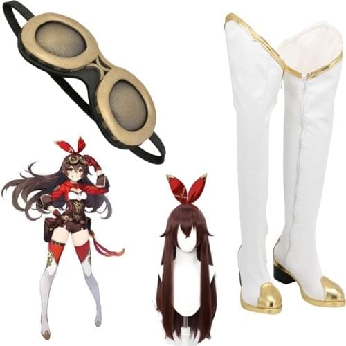 Genshin Impact Amber Cosplay Shoes Wigs Game Cosplay Long Brown Straight Wig with Bangs Heat Resistant Synthetic Hair