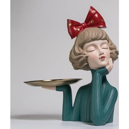 BOWKNOT GIRL ART SCULPTURE DECORATIONS FIGURE FRUIT PLATE STATUE LUXURIOUS RESIN CRAFT MODERN HOME DECORATIONS ORNAMENT R4738