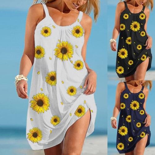 Sunflower Print Dresses For Women Party Femme Robe Halter Neck Boho Sleeveless Beachwear Dress Sundress Летнее Платье 2021